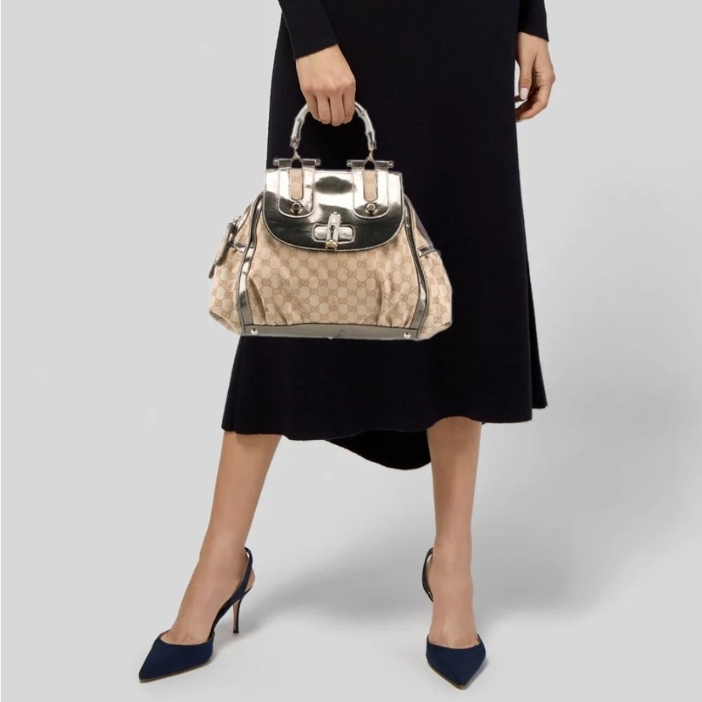 Rare Gucci Pop Bamboo Top Handle Bag GG Monogram Mettalic Leather Trim